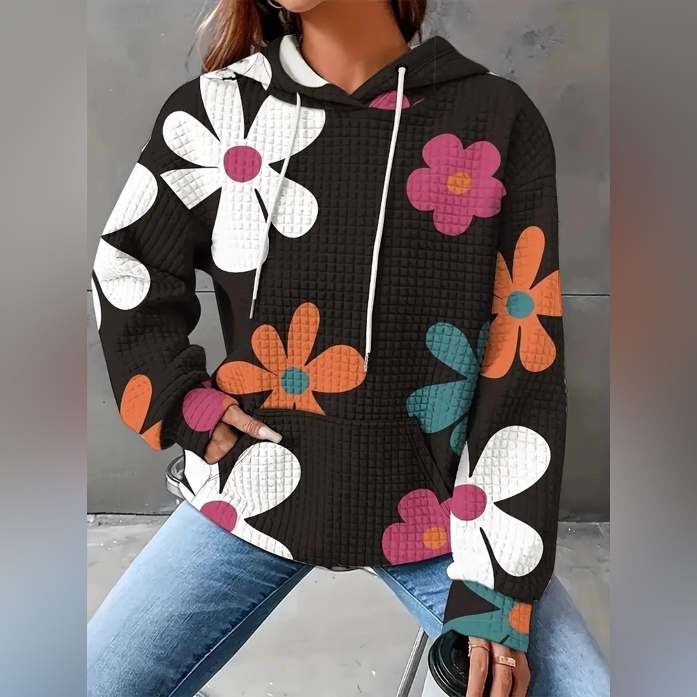 Floral Print Textured Drawstring Hoodie